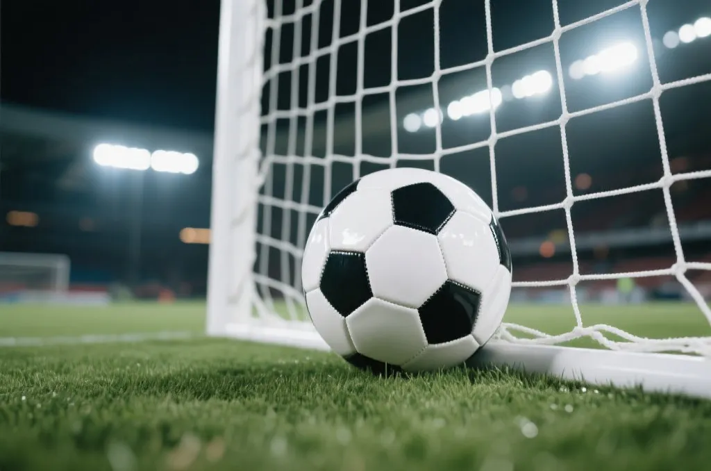 Soccer ball in the goal net under stadium lights